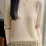 Elegant Commuter Crew Neck Cable Knit Pullover Five-Quarter Sleeve Top