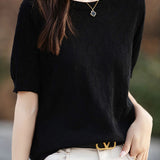Elegant Commuter Crew Neck Hollow-Out Short-Sleeve Knit Top