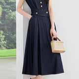 Casual Contrast Topstitch Waist-Cinched Denim Dress