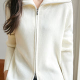 Casual Office Double-Zip Lapel Knit Jacket