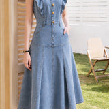 French Commuter Denim Ruffled Tank Dress