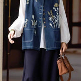 Elegant Commuter Denim Crew Neck Sleeveless Vest With Botanical Floral Embroidery