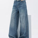 Casual Vintage Washed Spliced Wide‑Leg Denim Trousers