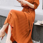 Puff Sleeve Waist Marked Pleated Dress - Long Sleeve, Elegant, Slimming, Fit, Work - 4 Colors Available - liwisi
