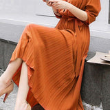 Puff Sleeve Waist Marked Pleated Dress - Long Sleeve, Elegant, Slimming, Fit, Work - 4 Colors Available - liwisi
