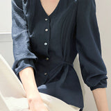 Casual Commuter V-Neck Blouse With Tie Cinched Waist