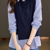 Knit‑Spliced Fake Two‑Piece Stripe Shirt