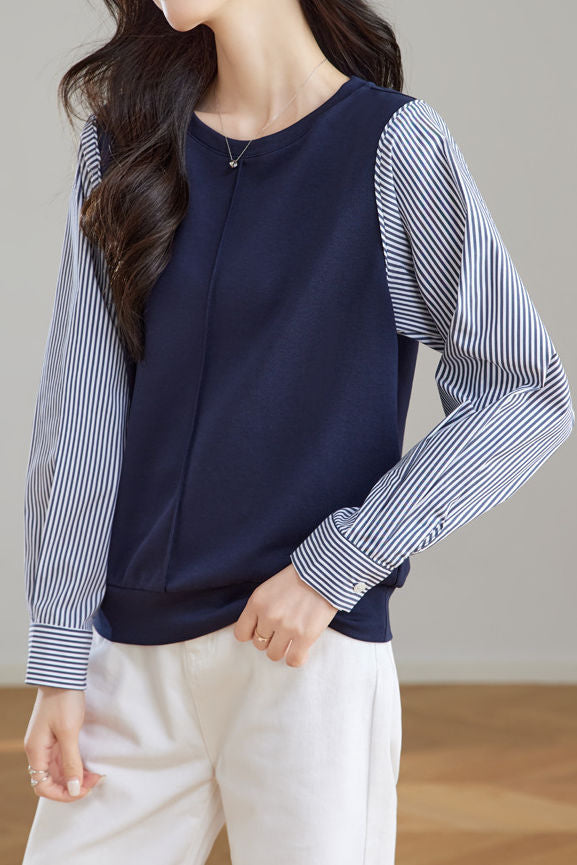 Casual Striped Paneled Fake Two-Piece Pullover Hoodie - liwisi