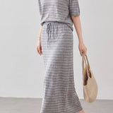 Casual Commuter Striped Knit Set Consisting Of V-Neck T-Shirt & High-Waist Straight Midi Skirt