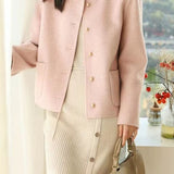 Elegant Metal Button Double Patch Pocket Crew Neck Coat