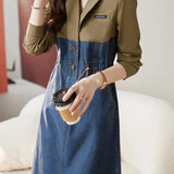 Notch Lapel Color Denim Contrast Drawstring Dress
