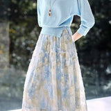 Elegant Batwing Sleeve Knit Top With Printed Skirt Set