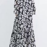 Delicate Elegant Black-and-white Big Floral V-neck Ruffle Dress