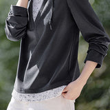 Casual Color-Block Printed Spliced Fake Two-Piece Hooded Drawstring Sweatshirt