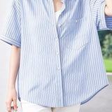 Casual Commuter Striped Lapel Short-Sleeve Blouse