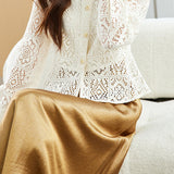 Round Neck Openwork Long Sleeve Cardigan with Lining - 2 Colors Available