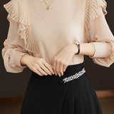 Asymmetrical Design French Lace Contrast Round Neck Knit