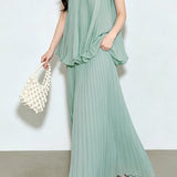Casual Vacation Sleeveless Tank Top And Pleated Midi Skirt Set