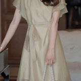 Elegant Ruffled Flutter Sleeve Tencel Dress