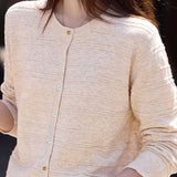 French Commuter Crew Neck Striped Textured Single‑Breasted Long‑Sleeve Knit Cardigan