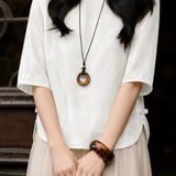 Elegant Commuter Crew Neck Satin Jacquard Three-Quarter Sleeve Blouse