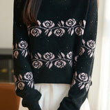 Casual Vintage Hot‑Fix Rhinestone Floral Jacquard Sweater