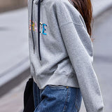 Casual Drawstring Letter Embroidered Hooded Sweatshirt