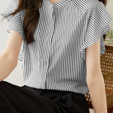Minimalist Commuter Black And White Striped Stand Collar Blouse