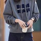 Casual Hooded Drawstring Letter Drop‑Shoulder Long‑Sleeve Sweatshirt
