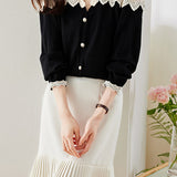 Mixed Material V-Neck Embroidered Lace Cape Shoulder Knit