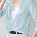 Elegant Commuter Beaded U‑Neck Spliced Long‑Sleeve T‑Shirt