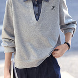Casual Commuter Plaid Lapel Long‑Sleeve Sweatshirt In Fake‑Two‑Piece Design