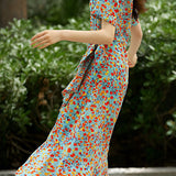 Fresh Floral Print Tie Waist Ruffled Dress