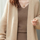 Open Collar Full Opening Buttonless Shawl Knit Jacquard Plain Cardigan