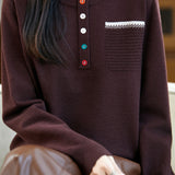 Casual Fake Two-Part Half Placket Knit Top With Patch Pockets
