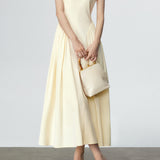 Key Neck Side Gathered Long Flare Dress with Lining