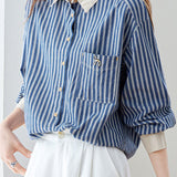 Elegant Casual Color‑Blocked Lapel Long‑Sleeve Striped Shirt