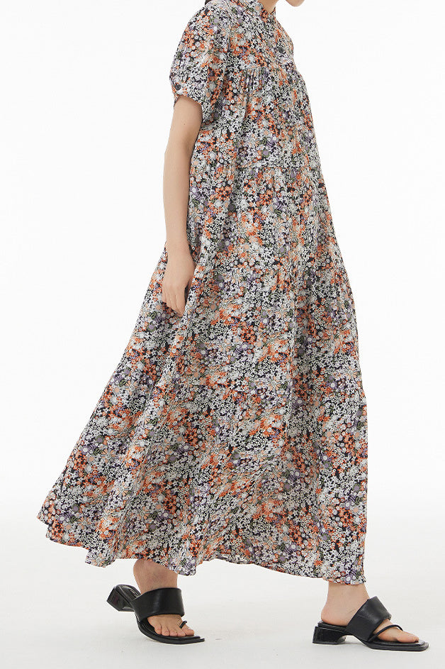 バンドカラー花柄ロングティアードワンピース　3色入 - liwisi