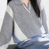 Casual Geometric Color‑Block Spliced Polo Collar Sweater