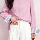 French Casual Lapel Long Sleeve Blouse With Striped Spliced Cuffs