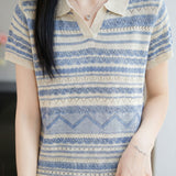Elegant Commuter Lapel Color Block Hollow-Out Tencel Lyocell Knit Top