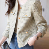 Chanel-Inspired No-Collar Sequin Decor Jacket with Lining