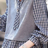 Elegant Commuter V‑Neck Ribbon‑Spliced Plaid Long‑Sleeve Shirt