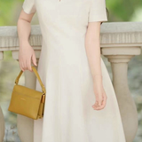 Elegant Commuter V-Neck Pearl Button Waist-Cinched Dress