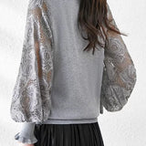 Elegant Temperament Patchwork Lace Puff Sleeve Knitted Top