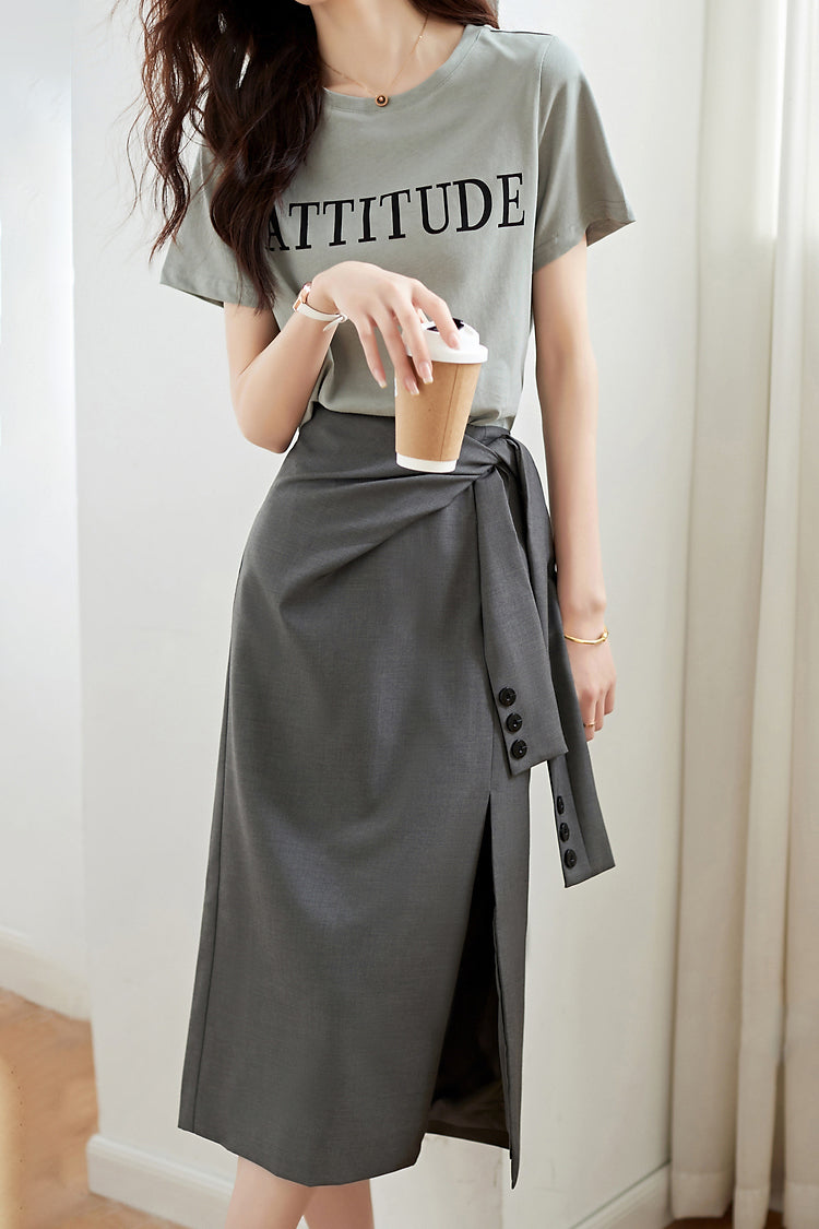 二点セット　ラウンドネックロゴプリントTシャツ＋サイドボタンベルトロングスカート　裏地付 - liwisi