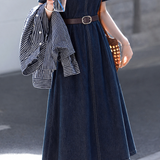 Elegant Round Neck Waist Cinched Denim Dress