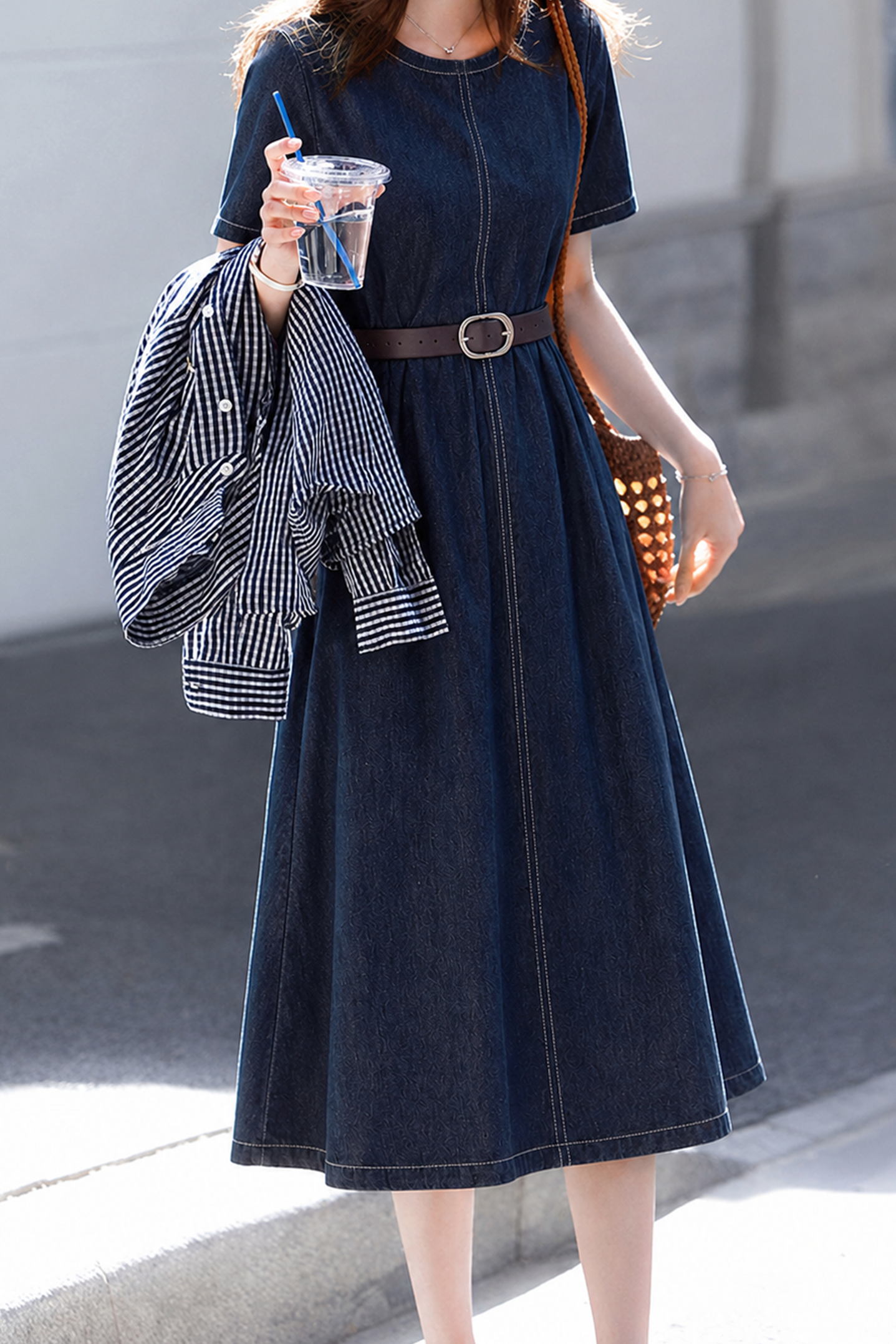 denim dress cinched waist Denim Cinched Waist Midi Dress, DK Denim / Large