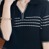 Sophisticated Commuter Polo Collar Striped Tencel Half-Sleeve Knit Top