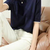 Elegant Commuter Crew Neck Color Block Knit Short-Sleeve T-Shirt